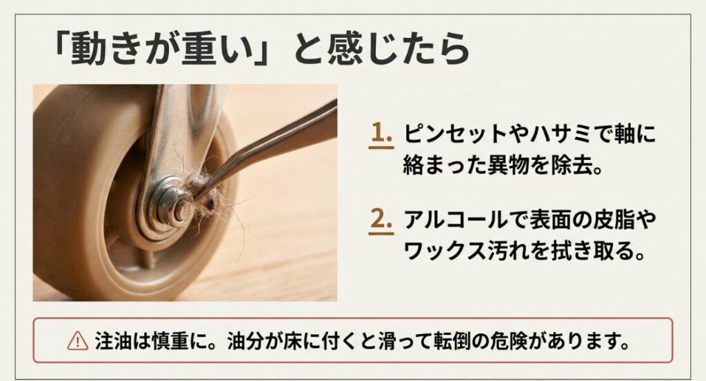 ピンセットを使用してキャスターの軸に絡まった異物を取り除く手順と、アルコールでの清掃方法を解説するスライド。