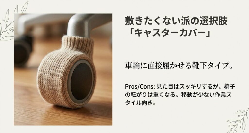 車輪に直接履かせる靴下タイプのキャスターカバーと、そのメリット・デメリットの解説