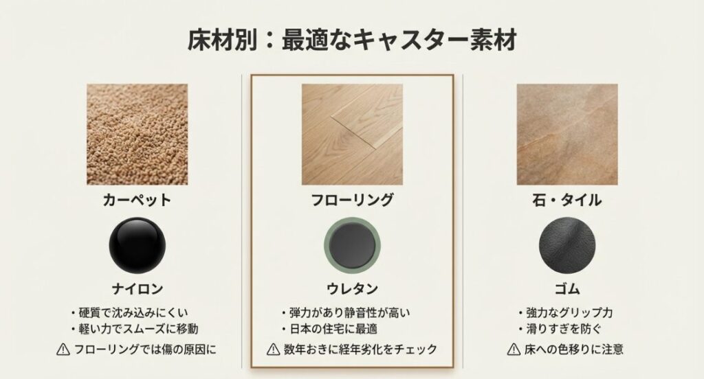 床材別の最適なキャスター素材(ナイロン、ウレタン、ゴム)の特性と注意点をまとめた比較表スライド。