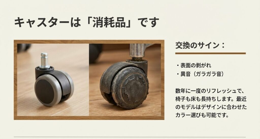 表面の剥がれや異音など、キャスターの交換時期を示す具体的な劣化症状を写真で示すスライド。