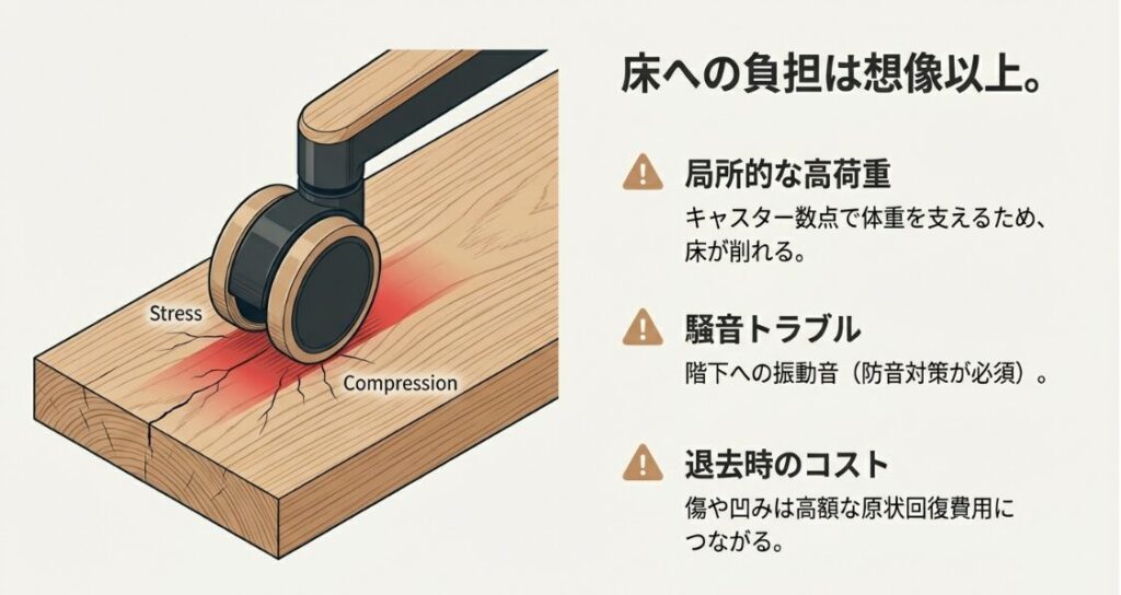 チェアのキャスターによる局所的な高荷重、騒音、退去時のコストリスクを解説した図解