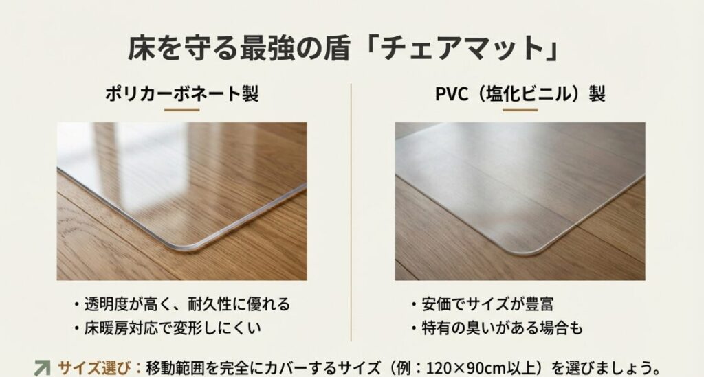 ポリカーボネート製とPVC製のチェアマットの違いと、移動範囲をカバーする適切なサイズ選びについて解説するスライド。