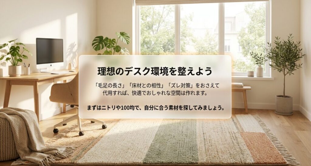 毛足、床材、ズレ対策のポイントを抑えたチェアマット代用のまとめスライド