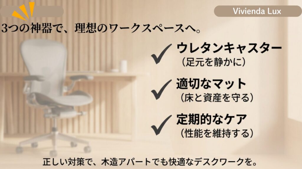 ウレタンキャスター、適切なマット、定期的なケアの3要素をまとめた、快適なデスクワーク環境を維持するためのチェックリスト。