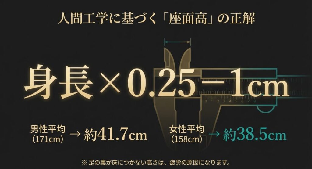 身長×0.25-1cmという座面高の計算式と、男女別の平均的な推奨数値のまとめ