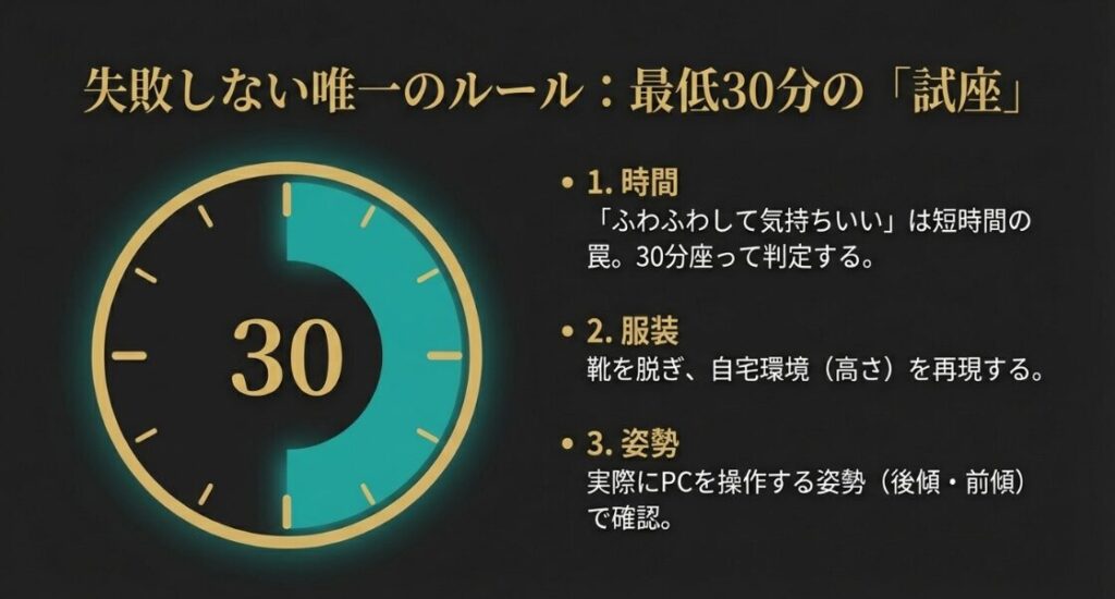 30分以上の時間、靴を脱いだ服装、実作業の姿勢という、デスクチェア試座の際に確認すべき3つのポイント