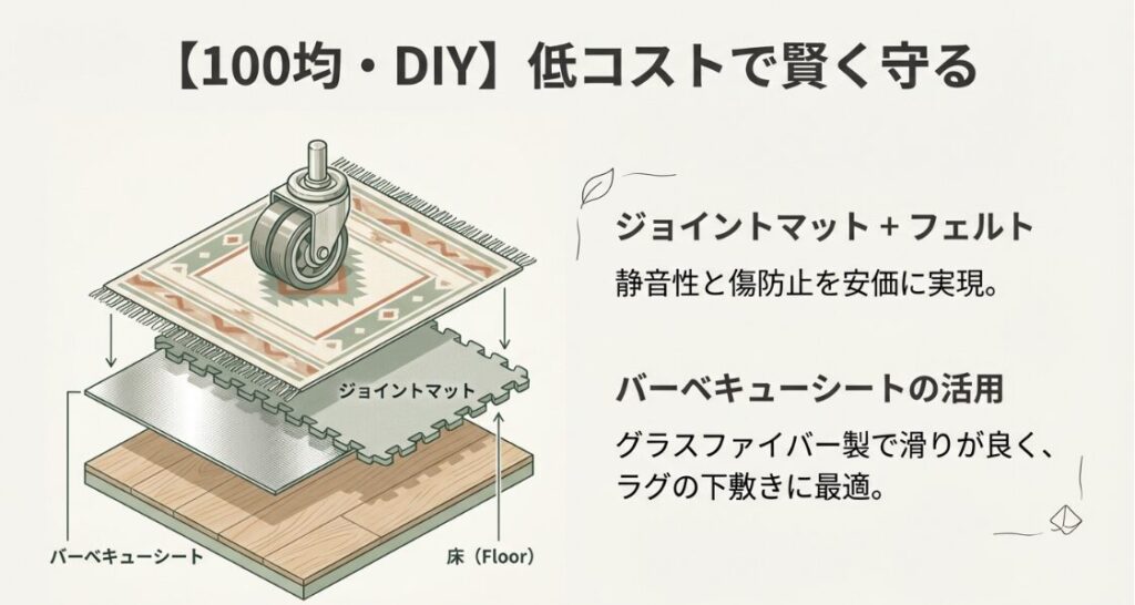 ジョイントマット、フェルト、バーベキューシートを組み合わせた低コストな床保護DIYの構造図