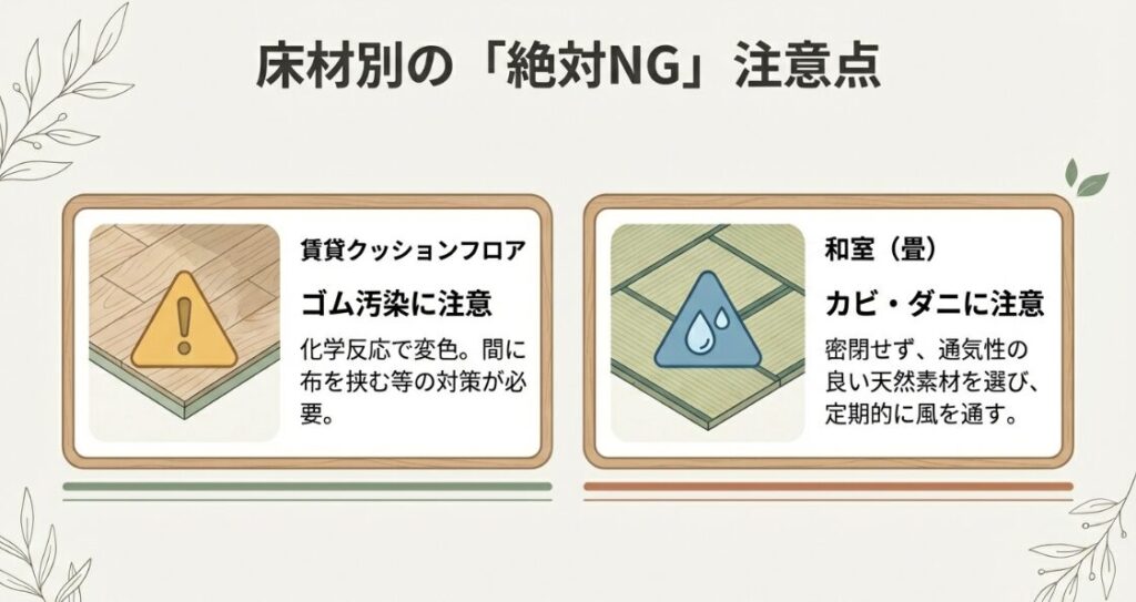 賃貸クッションフロアのゴム汚染と和室畳のカビ・ダニ対策に関する注意喚起
