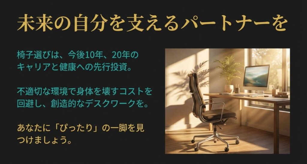 窓際の日差しが差し込む快適なデスク環境と、キャリアと健康への先行投資を促すメッセージ