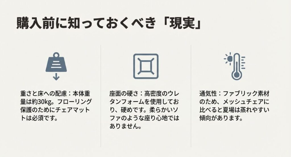 重さ30kg、座面の硬さ、夏場の通気性といった購入前に知っておくべき注意点のまとめ