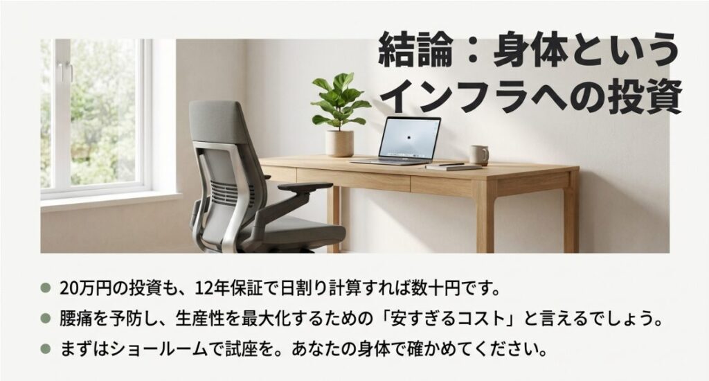 20万円の投資も12年保証なら日数十円。腰痛予防と生産性向上のための投資