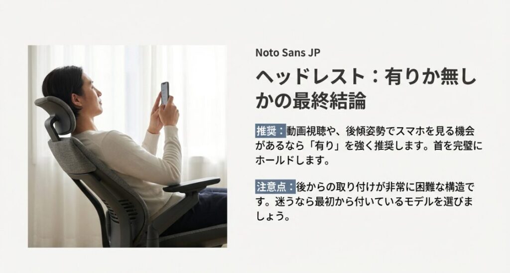 動画視聴や後傾姿勢にはヘッドレスト有りを推奨する理由と注意点