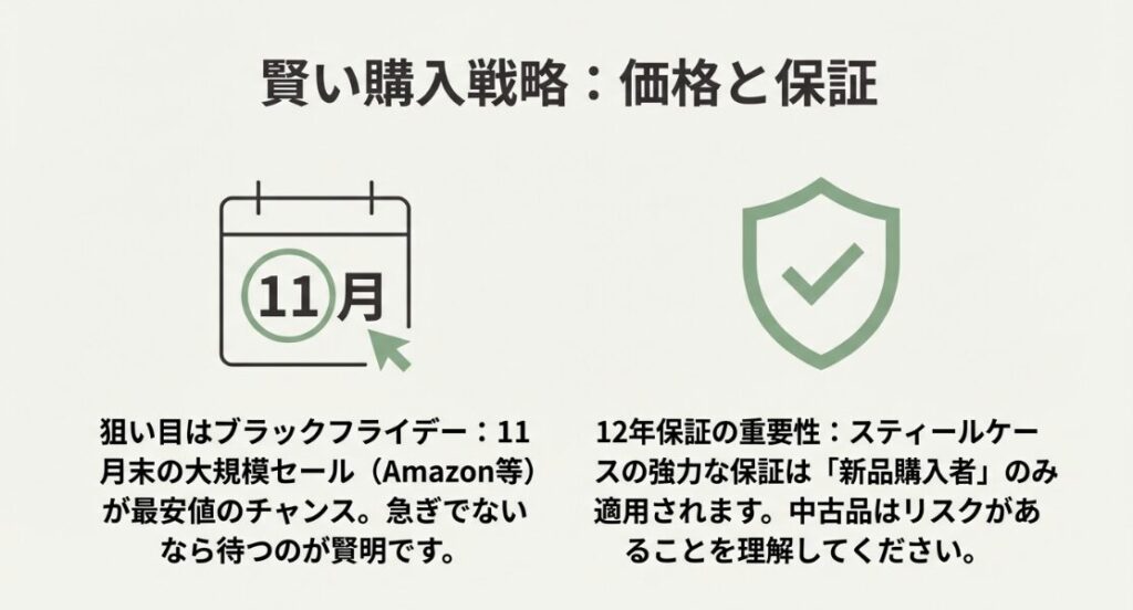 11月のブラックフライデーが狙い目であることと、新品購入者のみに適用される12年保証の重要性