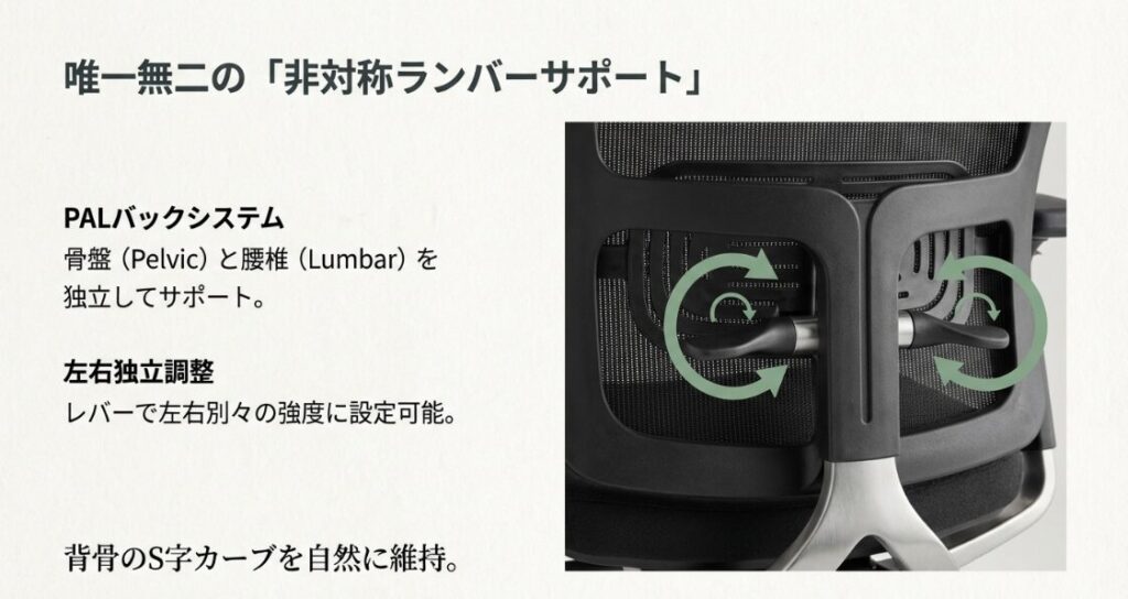 ゾディの背面にあるPALバックシステム。レバーで左右個別にランバーサポートの強度を調整できる機能の解説。