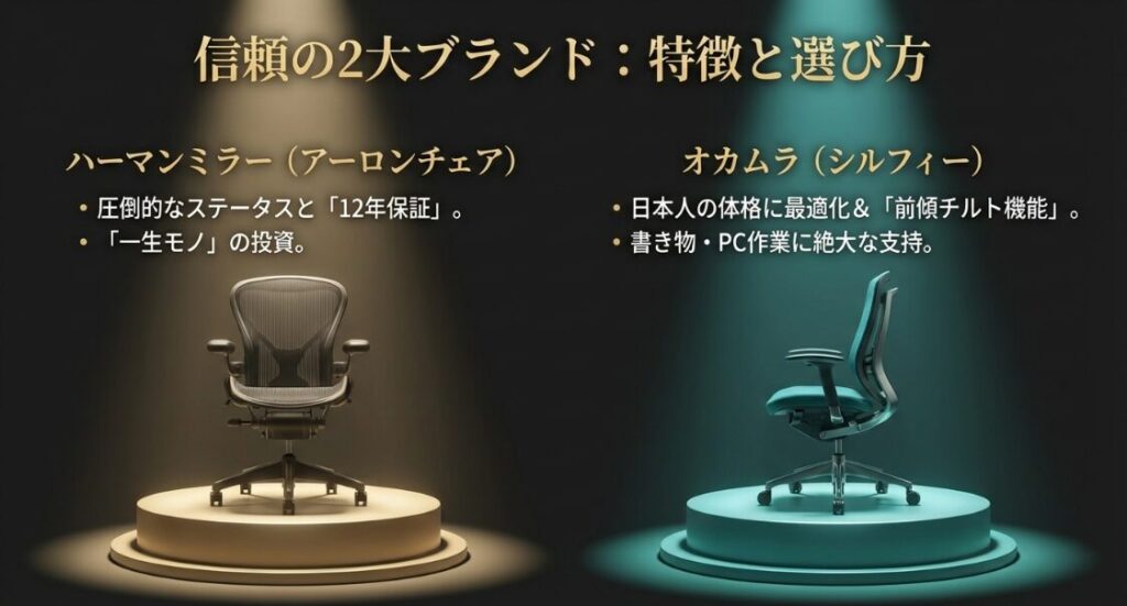 ハーマンミラーのアーロンチェアとオカムラのシルフィー、それぞれの主な特徴をまとめた比較スライド