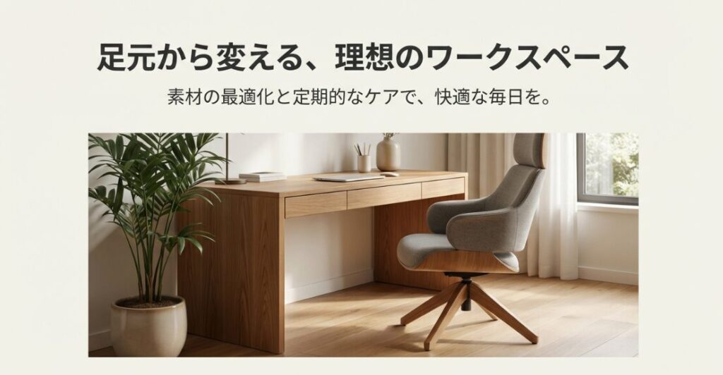 快適なワークスペースのイメージと共に、素材の最適化と定期的なケアの重要性をまとめた結論スライド。
