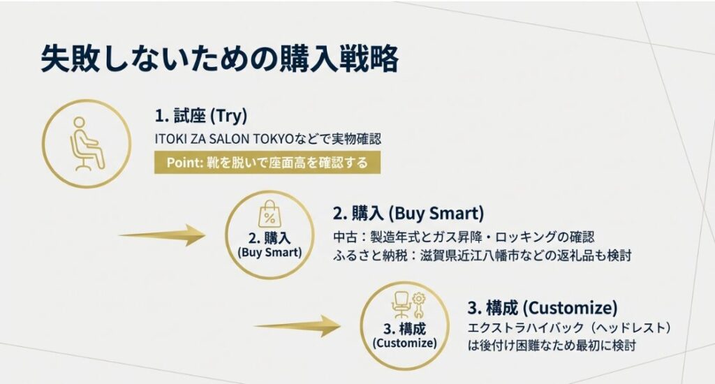 ショールームでの試座、中古市場の確認、ふるさと納税の活用、オプション構成の検討ステップ。