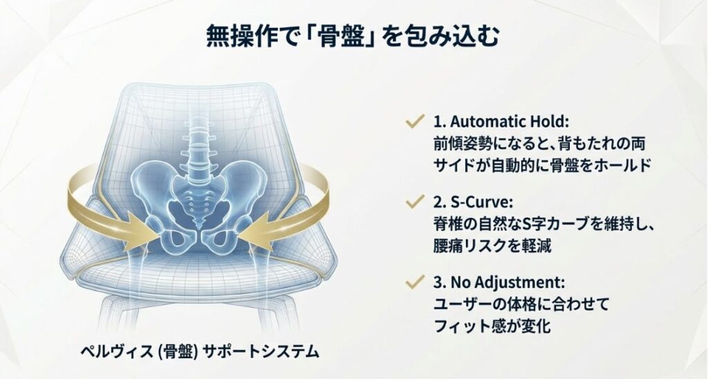 椅子が自動で骨盤をホールドし、脊椎の自然なS字カーブを維持するサポートシステムの透過イラスト。