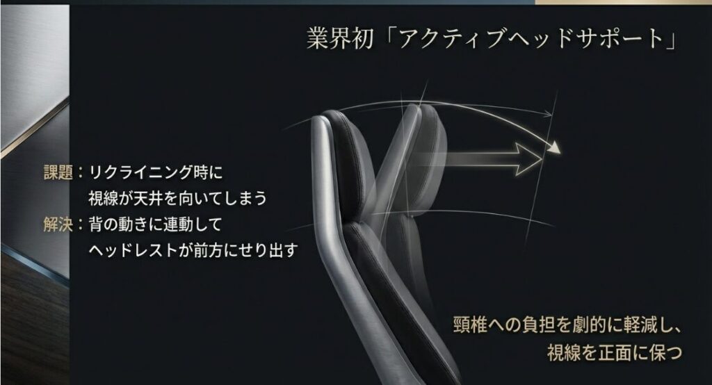 リクライニングに連動してヘッドレストが前方にせり出し、頸椎への負担を軽減し視線を正面に保つ機構の説明