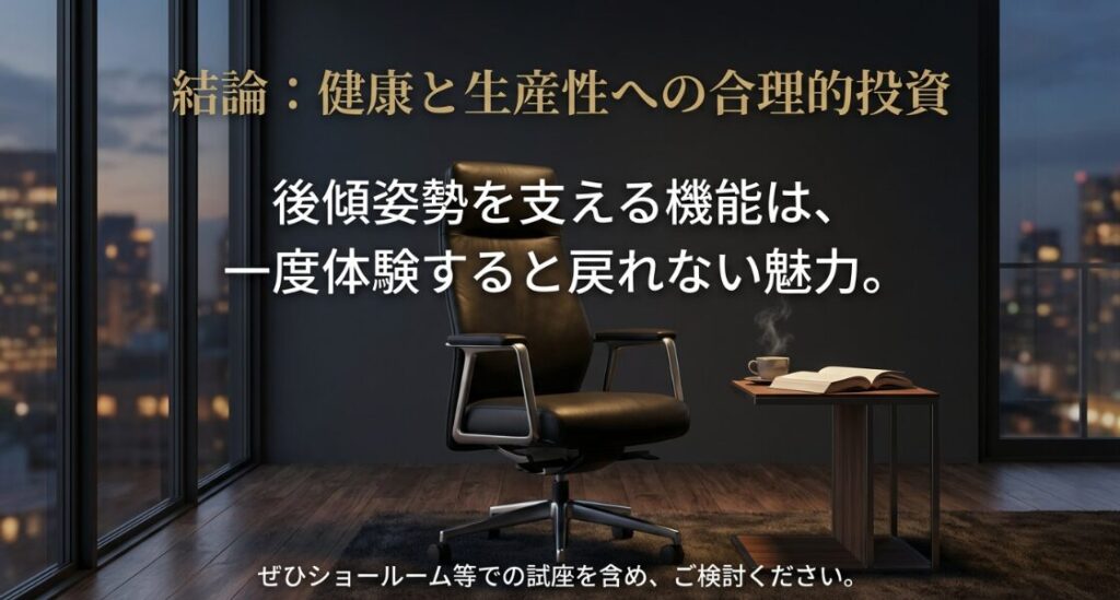 レオニスの後傾姿勢サポート機能がもたらす健康と生産性の向上、試座の推奨