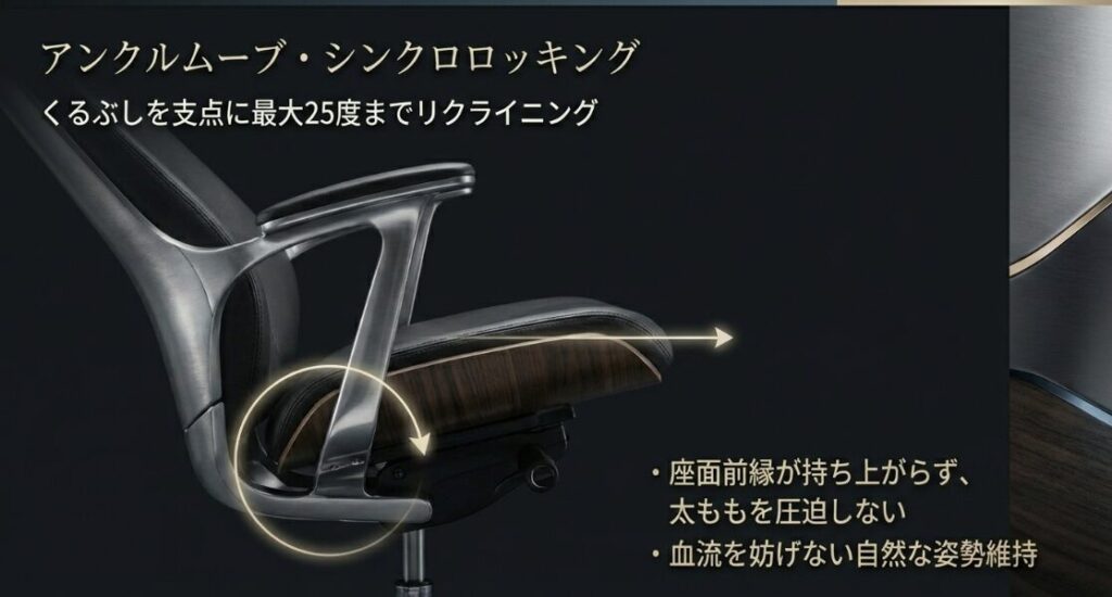 くるぶしを支点とした最大25度のリクライニングで、座面前縁が持ち上がらず血流を妨げない仕組み