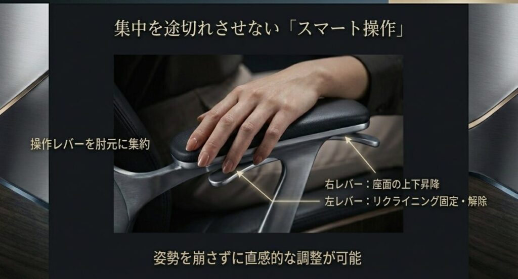 姿勢を崩さず直感的に調整できる、左右の肘元に配置された座面昇降とリクライニング固定レバー
