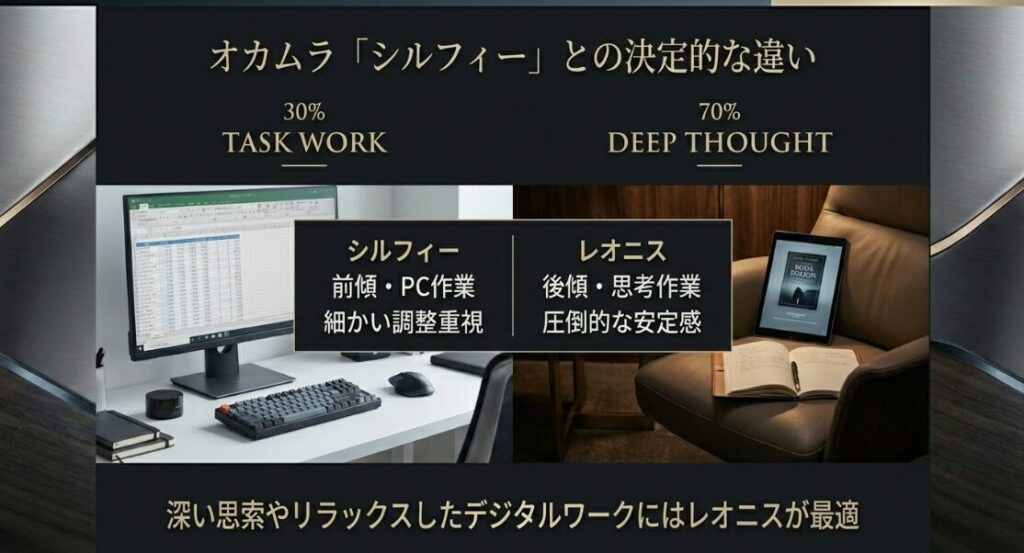 PC作業中心のタスクワークに適したシルフィーと、深い思索やリラックスしたワークに適したレオニスの違い