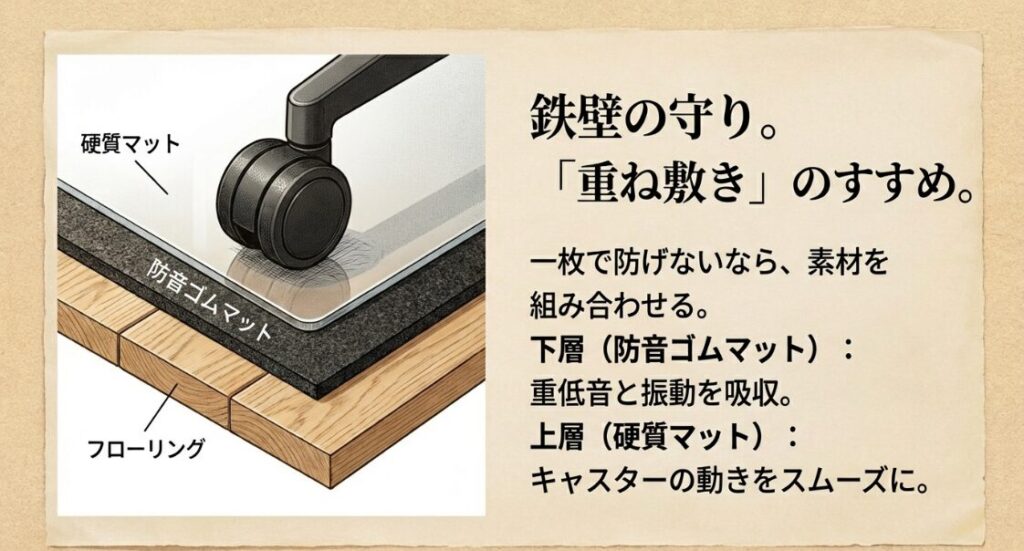 フローリングの上に防音ゴムマットを敷き、さらに硬質チェアマットを重ねて振動とキャスター音の両方を防ぐレイヤード対策の断面図。