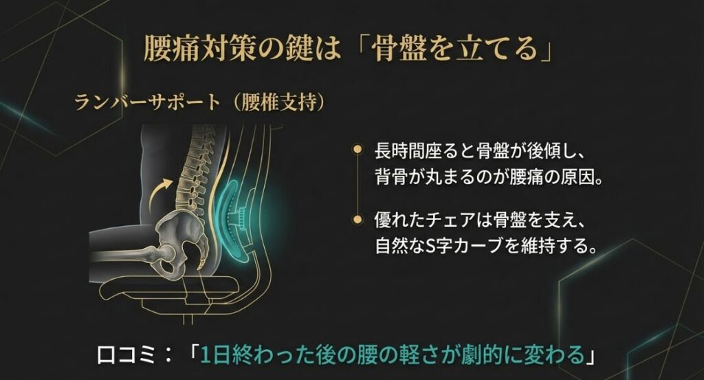 デスクチェアのランバーサポートが骨盤を支え、背骨の自然なS字カーブを維持する仕組みの図解