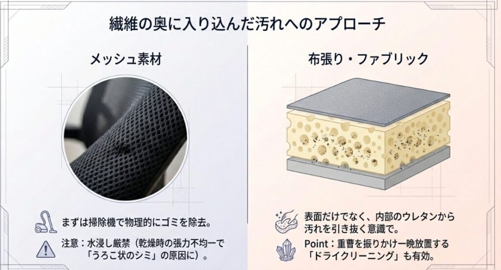 メッシュ素材の拡大図と布張りクッションの内部構造、掃除機がけやドライクリーニングの解説