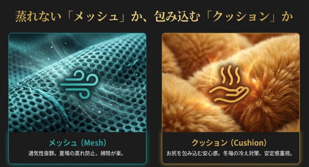 通気性の良いメッシュ素材と、冷え対策に有効なクッション素材のイメージ比較画像