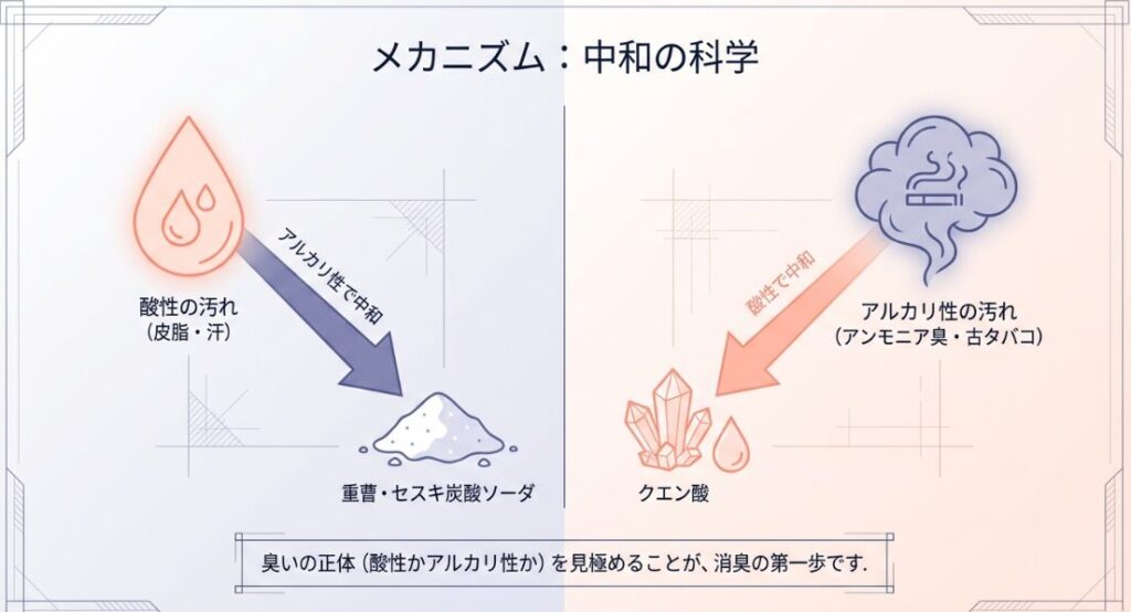 酸性の汚れ（皮脂・汗）をアルカリ性で、アルカリ性の汚れを酸性で中和する仕組みの図解