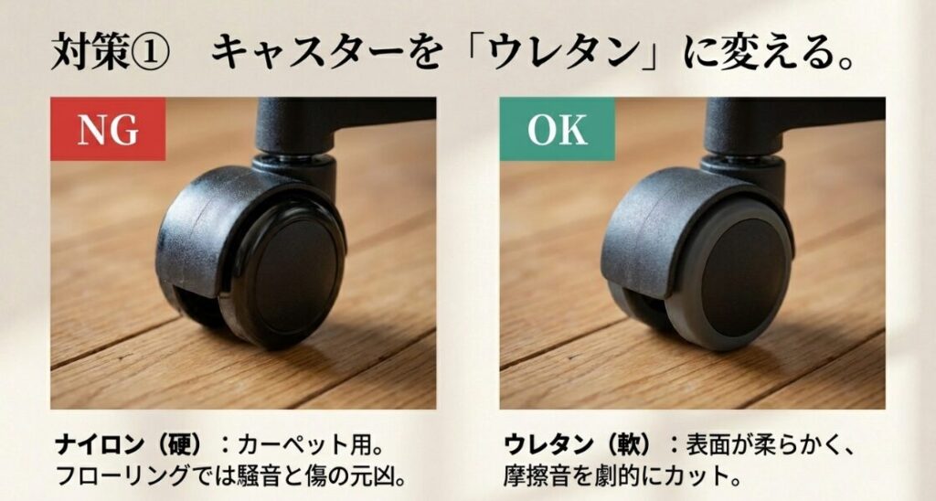 フローリングを傷つけやすい硬いナイロンキャスター(NG)と、表面が柔らかく静音性に優れたウレタンキャスター(OK)の比較画像。