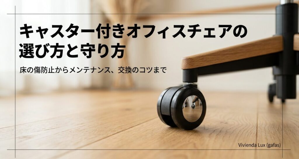 「キャスター付きオフィスチェアの選び方と守り方」というタイトルのスライド。