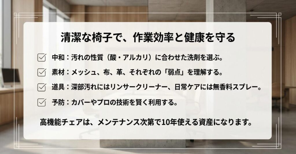 中和・素材・道具・予防の4項目からなるオフィスチェア衛生管理のまとめ