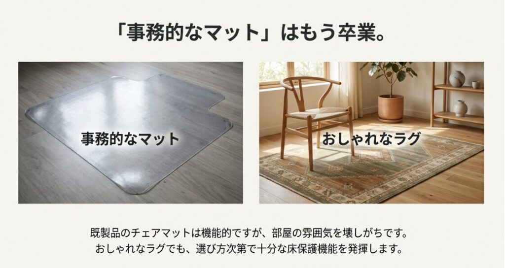 事務的な透明チェアマットとおしゃれなラグを比較し、部屋の雰囲気を壊さない代用案を示す画像