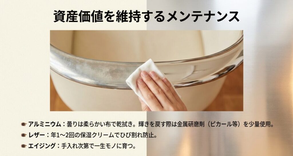 ポロックチェアのアルミニウム部分を柔らかい布で磨いているメンテナンス風景の画像