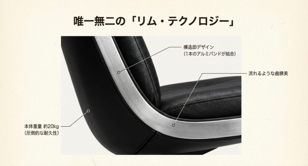 ポロックチェアの特徴である1本のアルミバンドで構成されたリムのクローズアップ画像