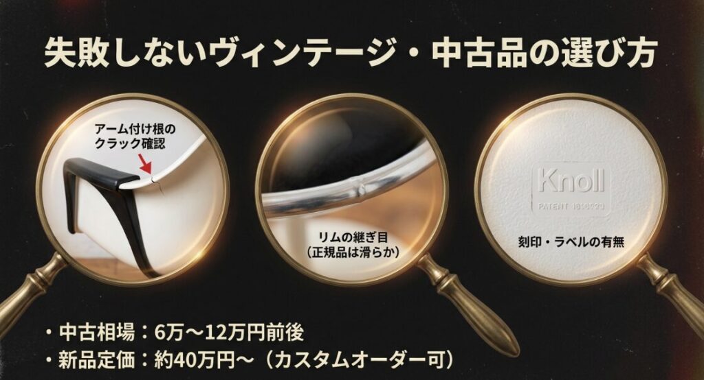アームの付け根のクラック、正規品の滑らかなリムの継ぎ目、刻印・ラベルの有無を示したチェックリスト画像