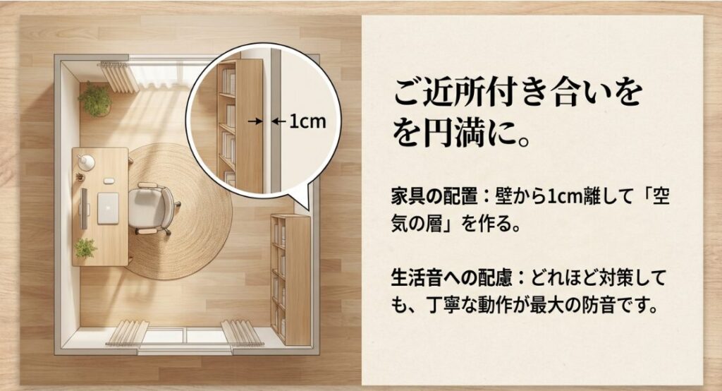 本棚などの家具を壁から1cm離して設置し、空気の層を作ることで隣室への音の透過を抑制するレイアウトの俯瞰図。