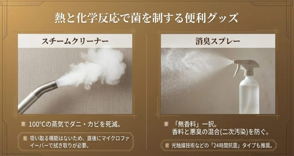 100℃の蒸気による除菌と、二次汚染を防ぐ無香料スプレーの選び方についての解説