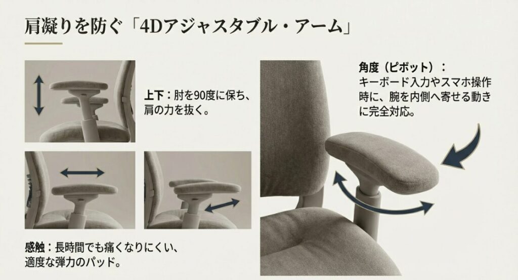 スチールケース・アミアの4Dアームの調整イメージ。上下、角度(ピボット)など、キーボード入力やスマホ操作に合わせた腕の動きをサポートする機能。