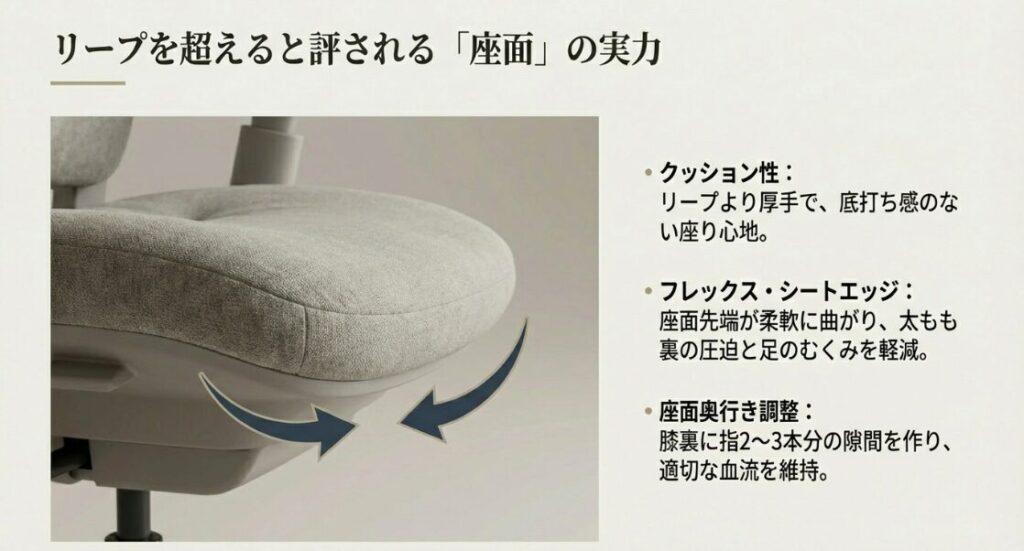 スチールケース・アミアの座面解説。リープより厚手のクッション、太もも裏を圧迫しないフレックスシートエッジ、奥行き調整機能について。