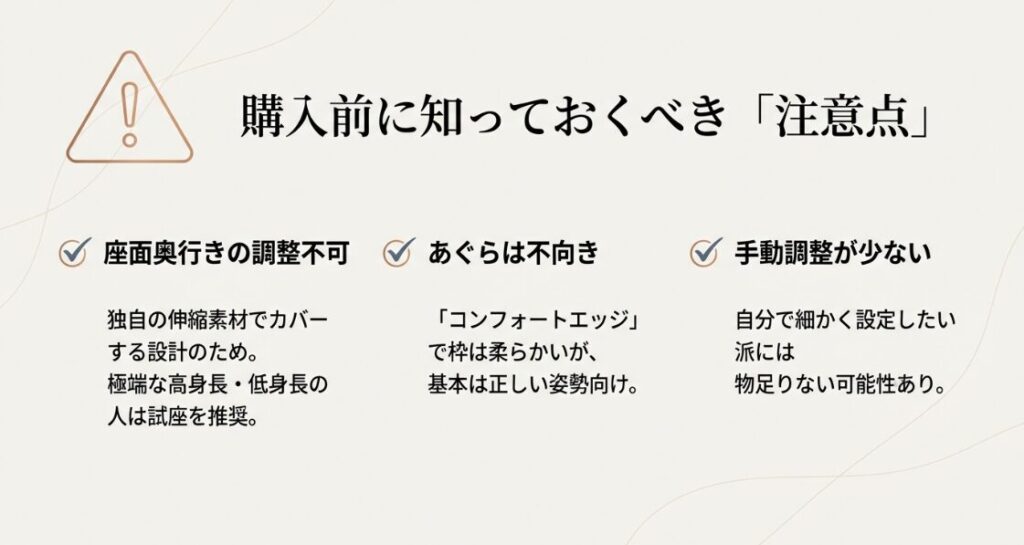 座面奥行きの調整不可、あぐら不向き、手動調整の少なさなど、購入前に確認すべき3つのポイント。