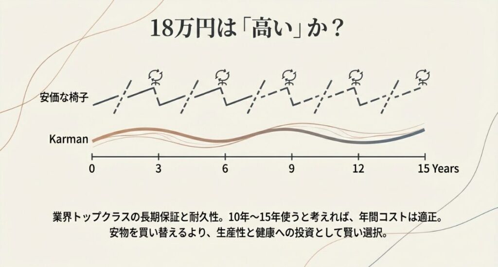 15年使用時の年間コストと健康投資の価値を、安価な椅子との買い替え頻度で比較したグラフ。