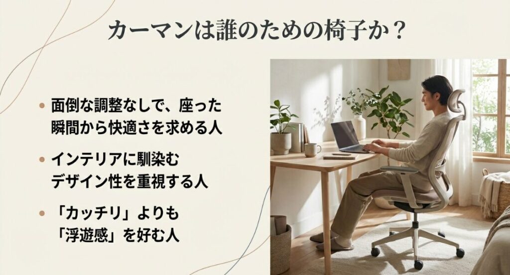 面倒な調整なしで快適さを求める人や、デザイン性と浮遊感を重視する人など、おすすめユーザーのまとめ。