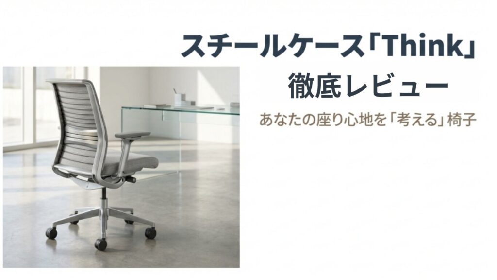 スチールケースの人気オフィスチェア「Think」の徹底レビューを象徴するメイン画像。モダンなオフィスに置かれたチェアと「座り心地を考える椅子」のキャッチコピー。