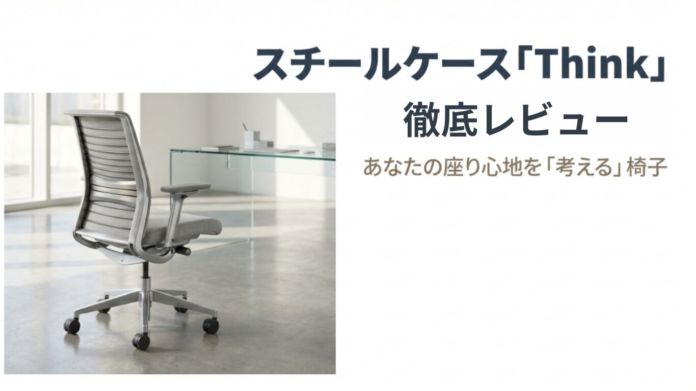 スチールケースの人気オフィスチェア「Think」の徹底レビューを象徴するメイン画像。モダンなオフィスに置かれたチェアと「座り心地を考える椅子」のキャッチコピー。