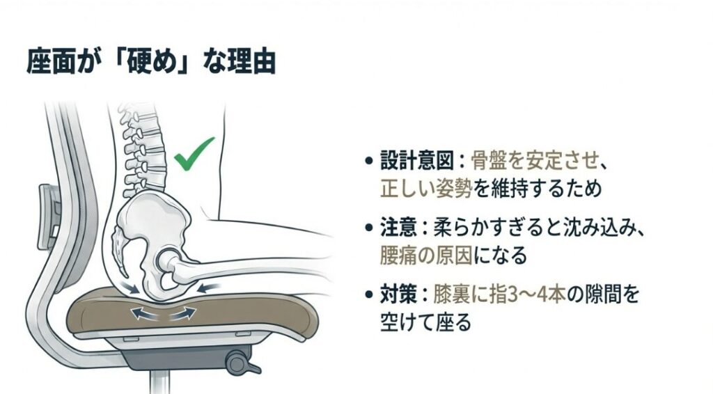 骨盤を安定させ正しい姿勢を維持するためのThinkの座面設計と、推奨される座り方のイラスト