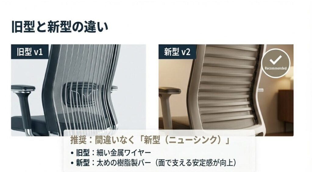スチールケースThinkの新型v2(太めの樹脂製バー)と旧型v1(細い金属ワイヤー)の背もたれ構造の違いを比較した画像